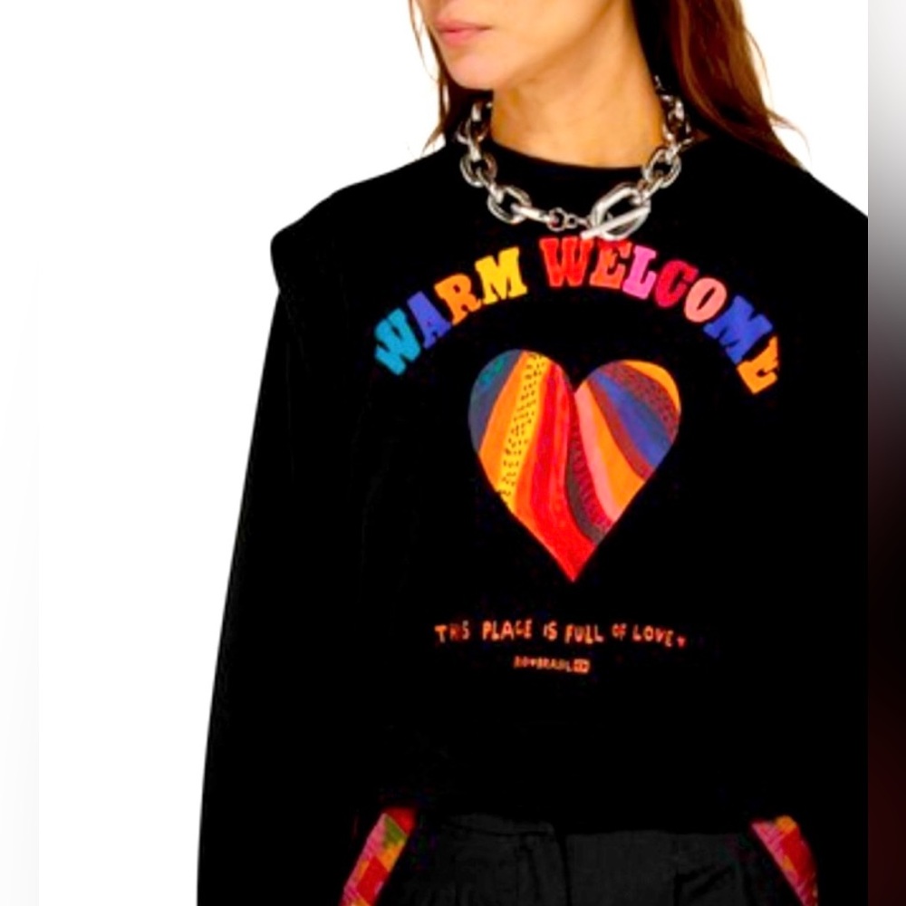 Farm Rio NWT Cropped Fancy Sweatshirt Warm Welcome w/Colorful Heart Thick&Cozy L